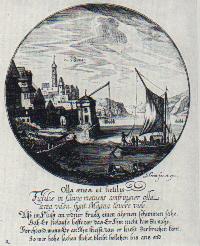 Ansicht der Stadt St. Goar mit dem Krahn und der Burg Rheinfels um 1650 aus: Simon Grimm: Aesopische Fabeln, Augsburg 1657